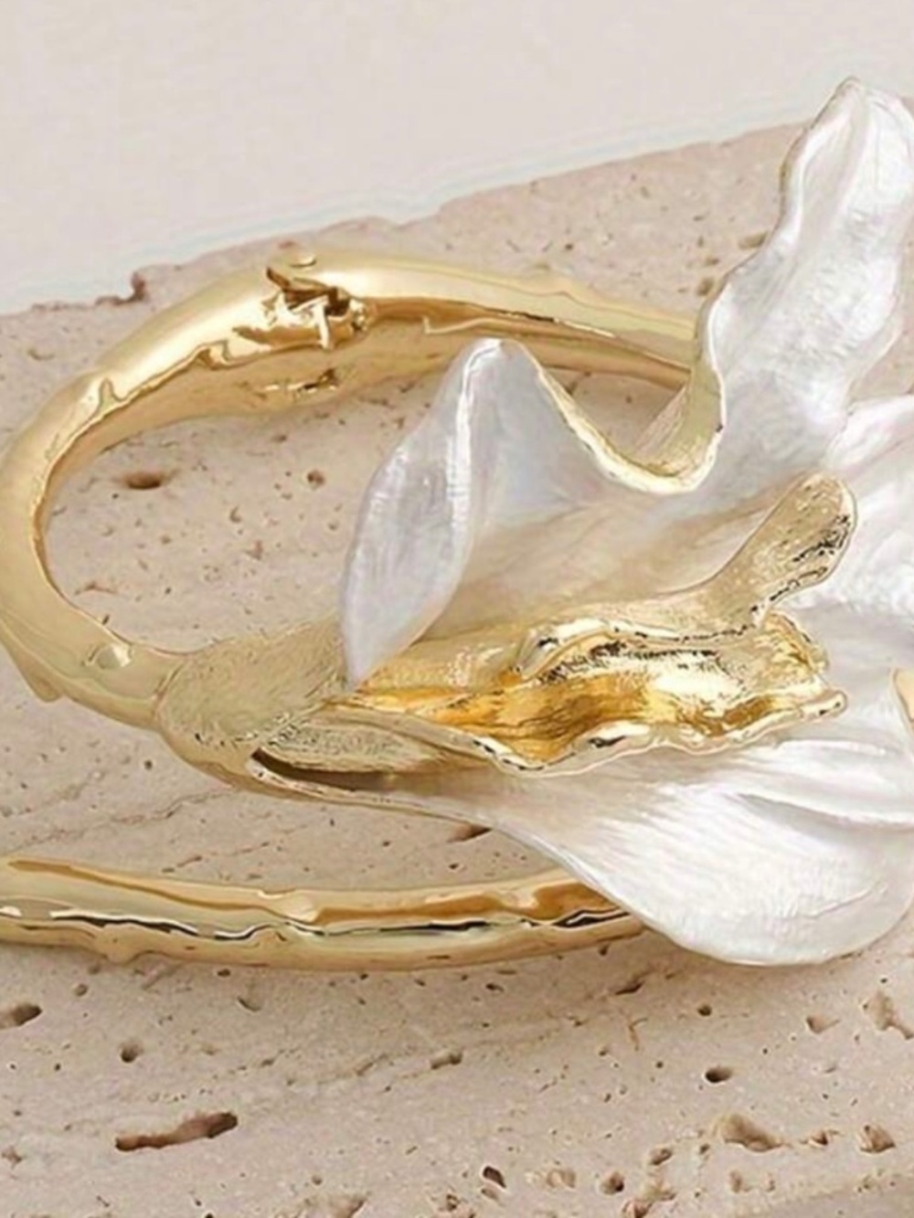 Gold Bamboo Cuff Bracelet with Sculptural Pearl Petal Flower Statement Cuff NEW